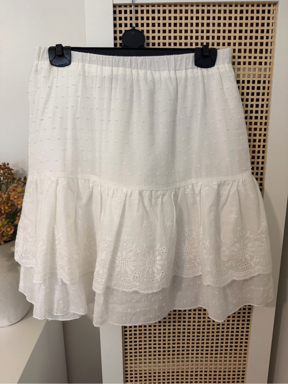 Monary White Tiered Eyelet Ruffle Mini Skirt